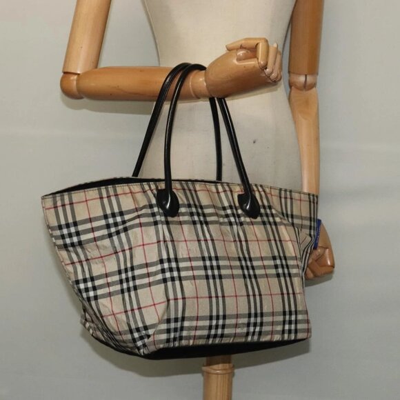 BURBERRY Nova Check Blue Label Tote Bag Nylon Beige Silver Auth - Picture 1 of 15